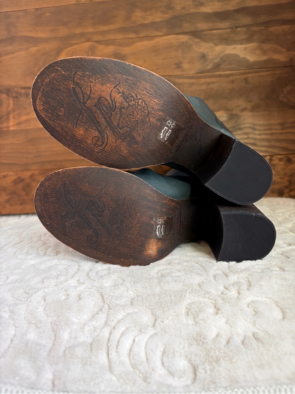 FREE PEOPLE Elle Block Heel Boots Sz 37 US 7 Teal Leather Slouch Leather Boho - Picture 14 of 16